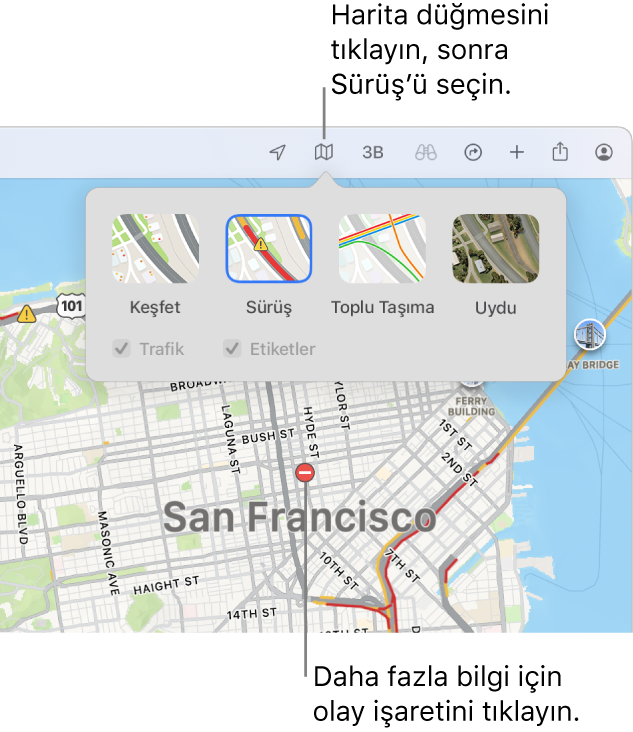 Bir San Francisco haritasında harita seçenekleri görüntüleniyor, Trafik onay kutusu seçili ve haritada trafik kazaları var.