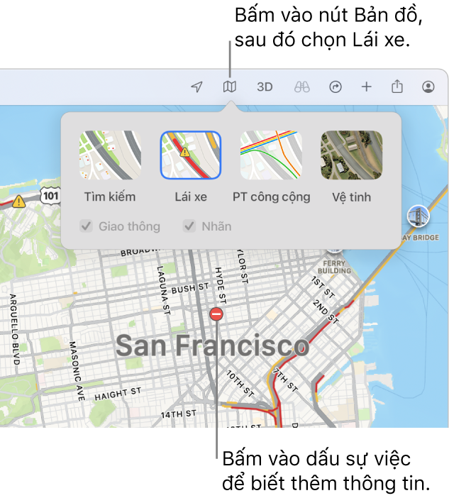Một bản đồ San Francisco với các tùy chọn bản đồ được hiển thị, hộp kiểm Giao thông được chọn và các vụ tai nạn giao thông trên bản đồ.