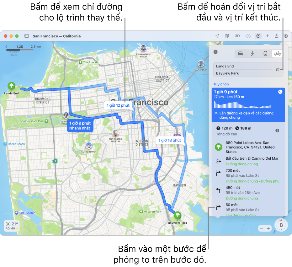 Một bản đồ San Francisco với các chỉ đường cho lộ trình đi xe đạp, bao gồm độ cao và lưu lượng giao thông.