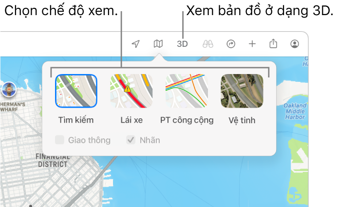 Một bản đồ San Francisco đang hiển thị các tùy chọn chế độ xem bản đồ: Mặc định, Phương tiện công cộng, Vệ tinh và 3D.