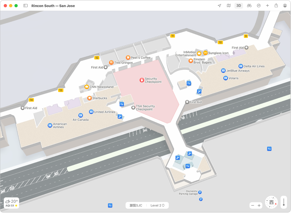 聖荷西國際機場地圖及顯示開車時間、地址、時間等資料的地點卡。