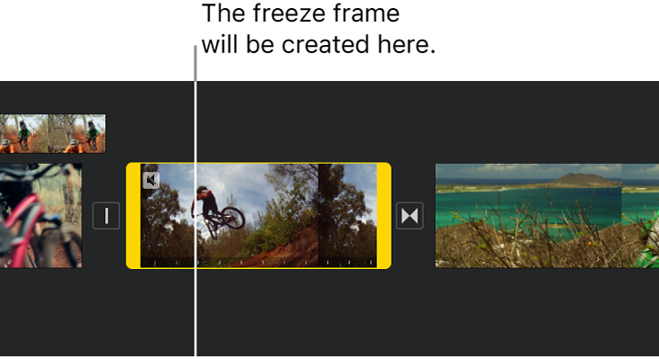 A video clip in the timeline with yellow range handles at each end and the playhead positioned where the freeze frame will be added.