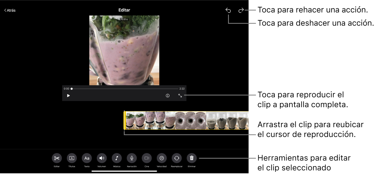 Un clip en un proyecto de guion gráfico editándose con el visor mostrando una vista previa del clip. En la parte inferior de la pantalla se encuentran botones para editar el clip.