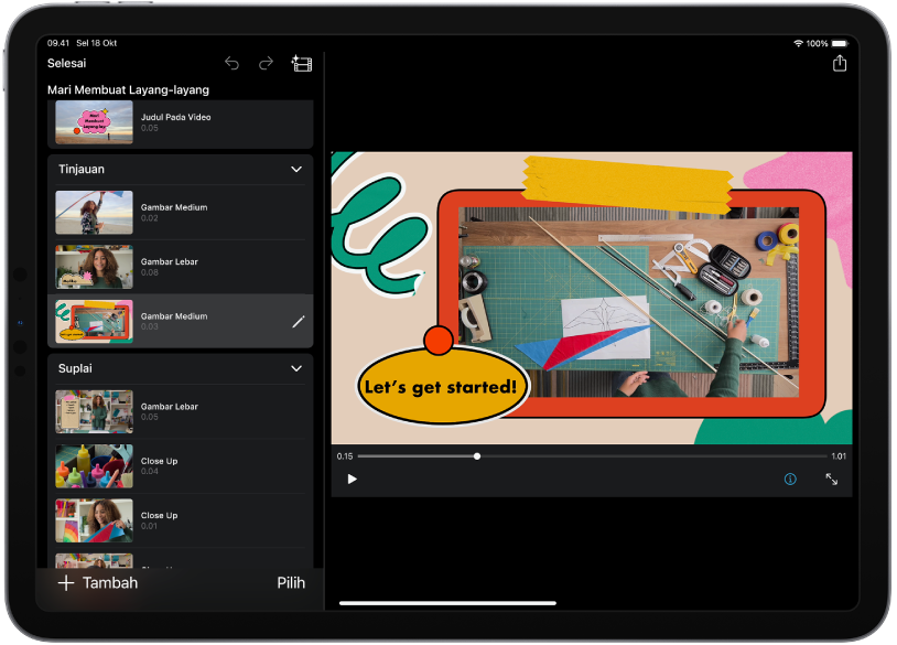 Proyek papan cerita di iMovie di iPad.