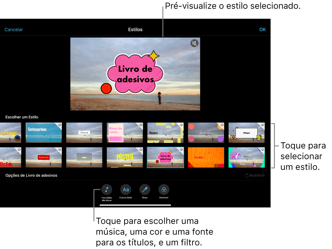 O visualizador mostrando uma pré-visualização de um estilo selecionado, com opções de estilo abaixo. Botões para adicionar música, selecionar cor e fonte para títulos e adicionar um filtro estão na parte inferior da tela.