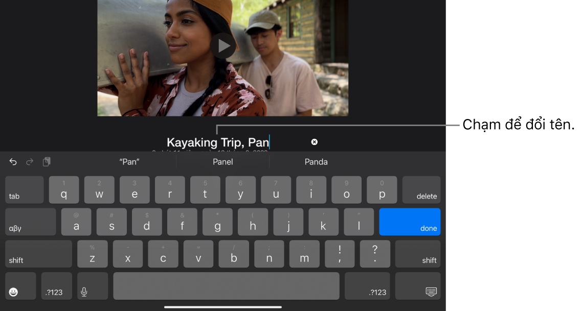 Tiêu đề dự án đang được sửa, với bàn phím được hiển thị bên dưới.