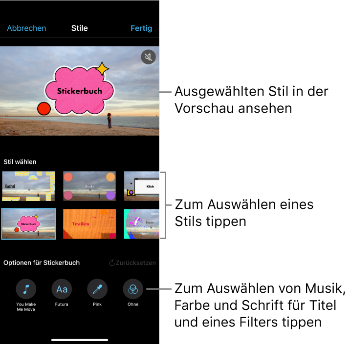 Der Vorschaubereich mit der Voransicht eines ausgewählten Stils mit Stiloptionen darunter. Unten auf dem Bildschirm werden Tasten für das Hinzufügen von Musik, das Auswählen einer Farbe und einer Schrift für Titel sowie das Hinzufügen eines Filters angezeigt.