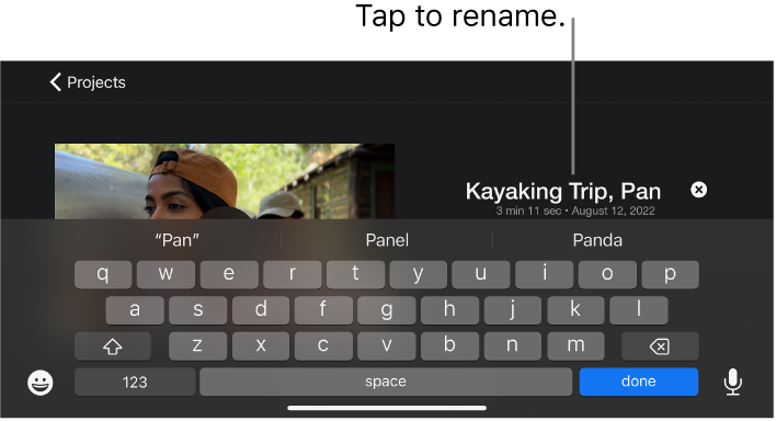 A project title being edited, with the keyboard shown below.