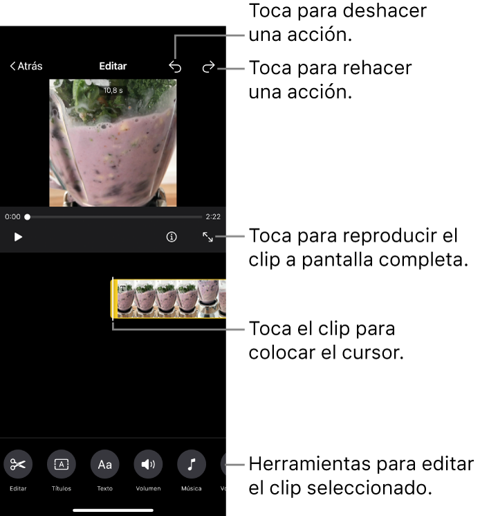 Un clip de un proyecto de guion gráfico siendo editado, con el visor mostrando una previsualización del clip. En la parte de abajo de la pantalla hay botones para editar el clip.