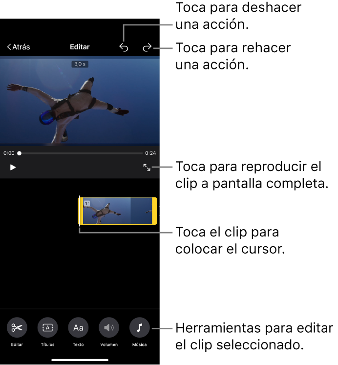 Un clip de un proyecto de película mágica siendo editado, con el visor mostrando una previsualización del clip. En la parte de abajo de la pantalla hay botones para editar el clip.