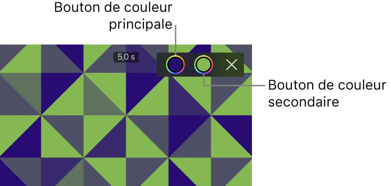 Le visualiseur affichant un arrière-plan à motifs vert et bleu, ainsi que les boutons correspondant aux couleurs primaire et secondaire dans le coin supérieur droit.