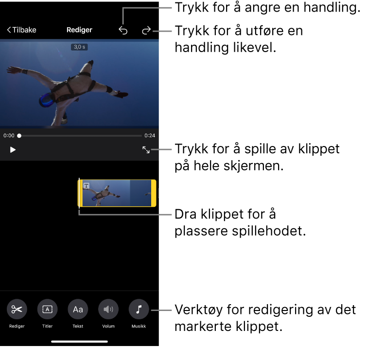Et klipp i et Magic Movie-prosjekt som blir redigert, med visningsvinduet som viser en forhåndsvisning av klippet. Nederst på skjermen er knappene for å redigere klippet.
