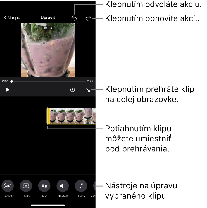 Prebieha úprava klipu v projekte s obrázkovým scenárom. Zobrazovač ukazuje náhľad klipu. V dolnej časti obrazovky sú tlačidlá na úpravu klipu.