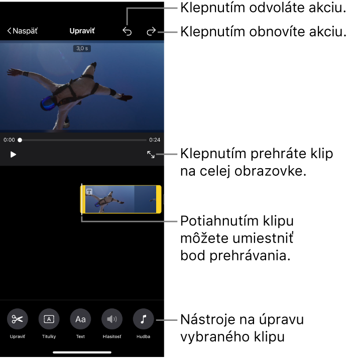 Prebieha úprava klipu vo videomontáži. Zobrazovač ukazuje náhľad klipu. V dolnej časti obrazovky sú tlačidlá na úpravu klipu.