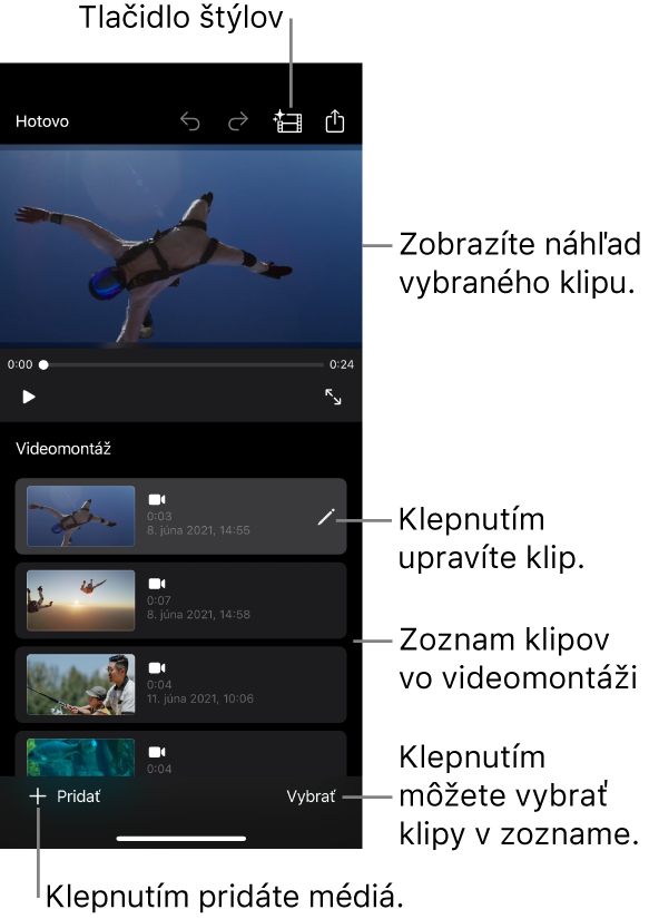 Otvorený projekt videomontáže s vybraným klipom v zobrazovači.