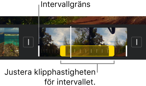 Ett hastighetsintervall med gula intervallhandtag i ett videoklipp i tidslinjen med vita linjer i klippet som visar intervallkanterna.