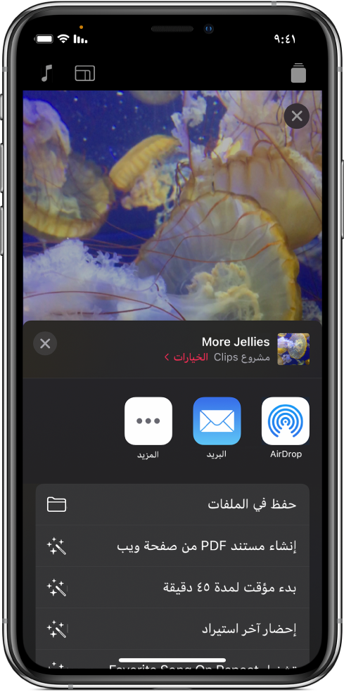 خيارات مشاركة الفيديو، وتتضمن AirDrop والبريد وحفظ في الملفات.