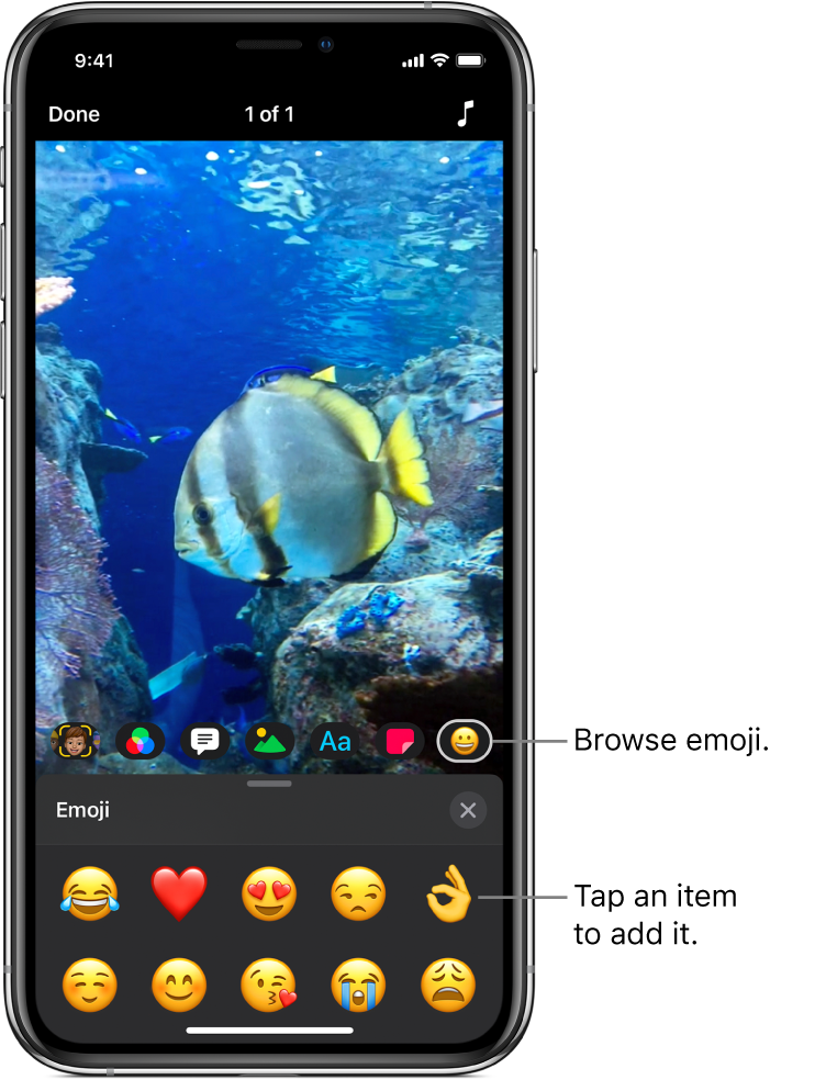 A video image in the viewer, with the Emoji button selected and emoji shown below.