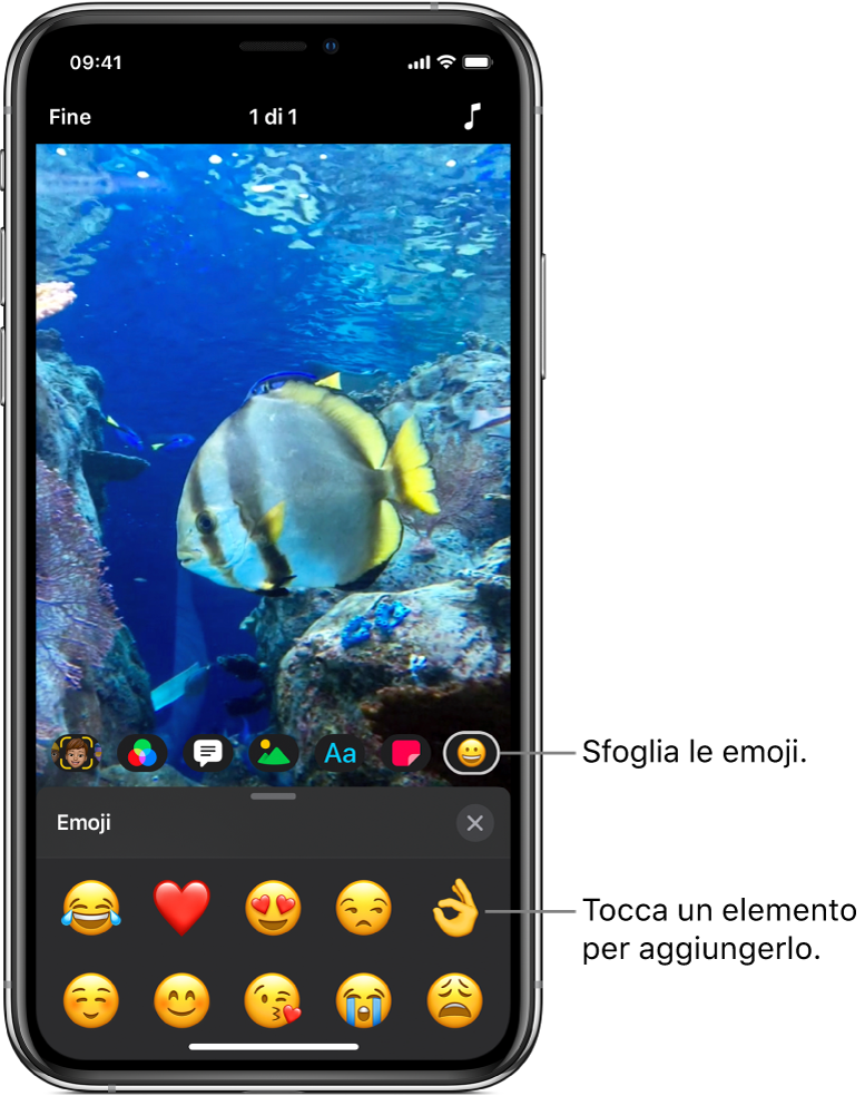L'immagine di un video nel visualizzatore, con il pulsante Emoji selezionato e l'emoji visibile sotto.