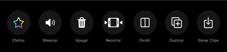 Botões que aparecem abaixo do visor quando um clipe está selecionado. Da esquerda para a direita, os botões Efeitos, Silenciar, Apagar, Recortar, Dividir, Duplicar e Salvar Clipe.