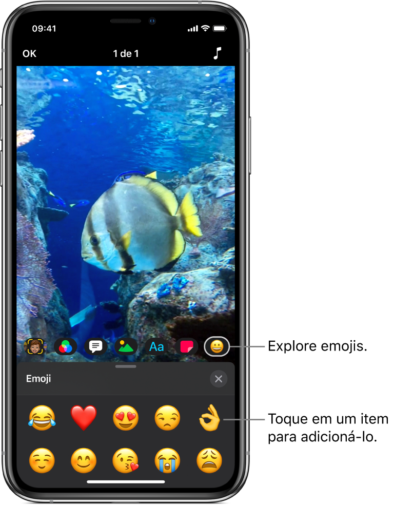 Imagem de um vídeo no visualizador, com o botão Emoji selecionado e o emoji mostrado abaixo.