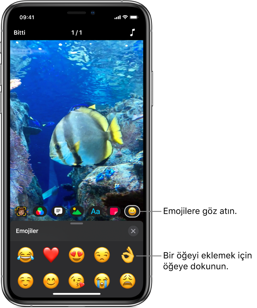 Görüntüleyicide bir video görüntüsü; Emoji düğmesi seçili ve alt tarafta emoji gösteriliyor.