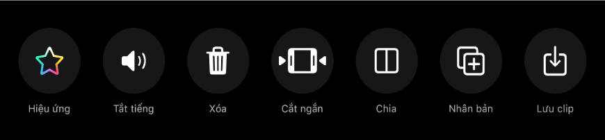 Các nút xuất hiện bên dưới trình xem khi một clip được chọn. Các nút từ trái sang phải là Hiệu ứng, Tắt tiếng, Xóa, Cắt ngắn, Chia, Nhân bản và Lưu clip.