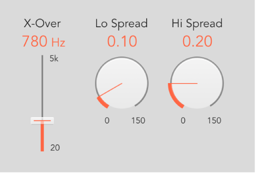 Controles de Space Designer X-Over, “Lo Spread” y “Hi Spread”.