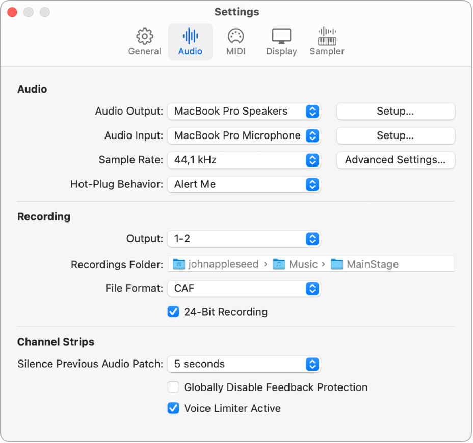 Figure. Audio settings pane.