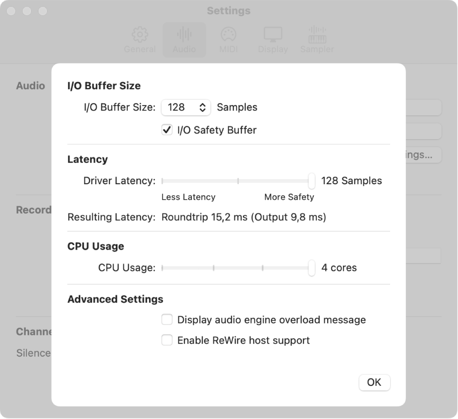 Figure. Advanced audio settings pane.