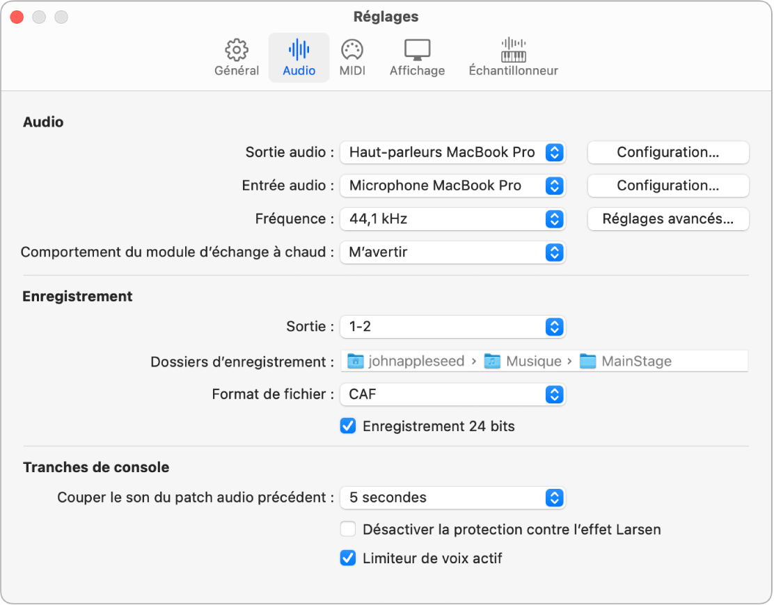 Figure. Sous-fenêtre des réglages audio.