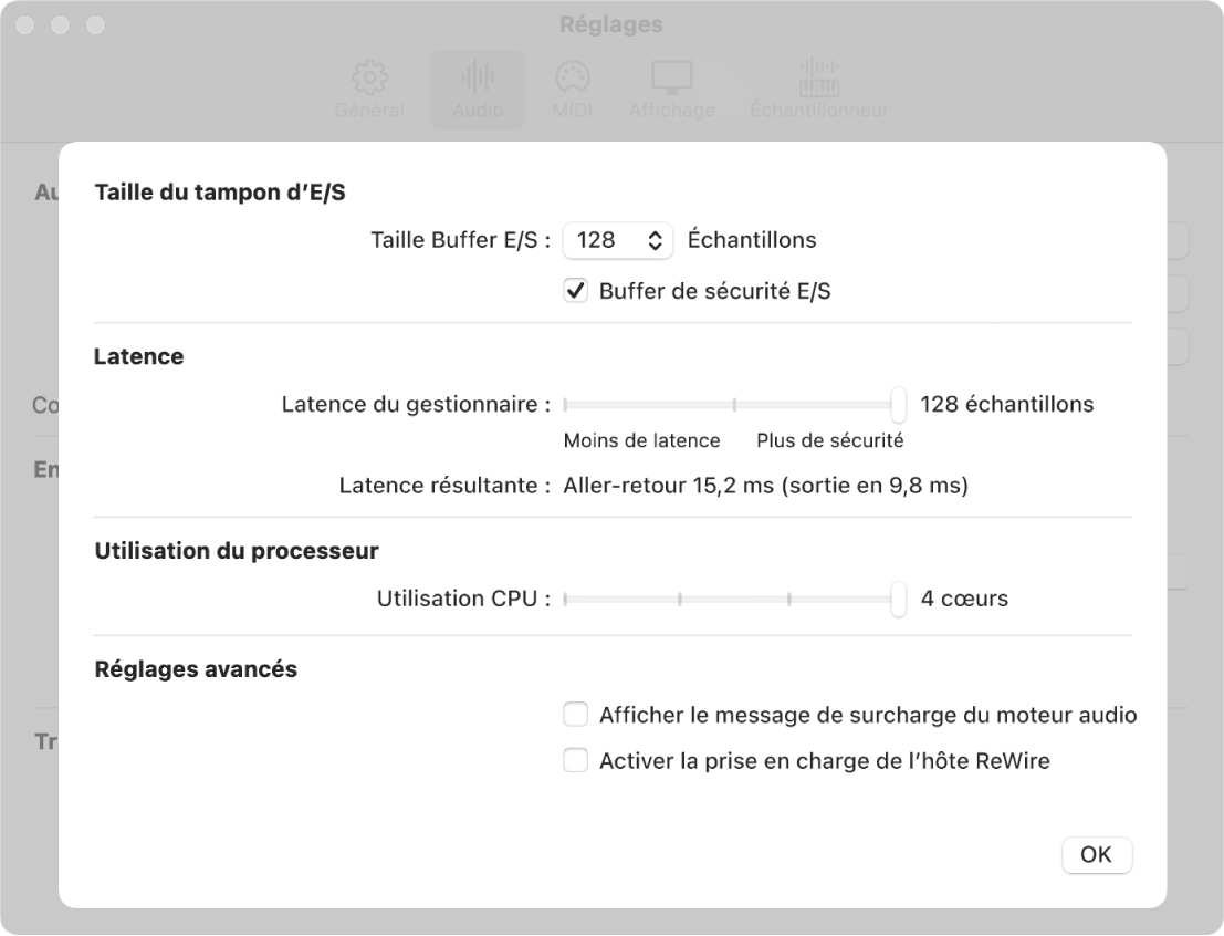 Figure. Sous-fenêtre des réglages audio avancés.