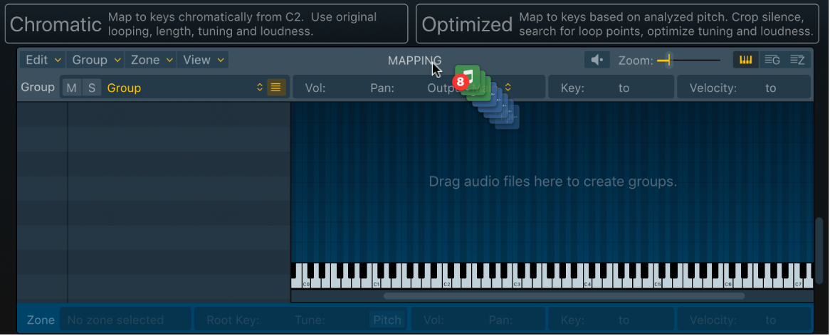 그림. 크로매틱 및 최적화된 Dropzone이 표시된 오디오 파일이 탐색 막대를 향해 드래그되는 것을 보여주는 Mapping 패널.
