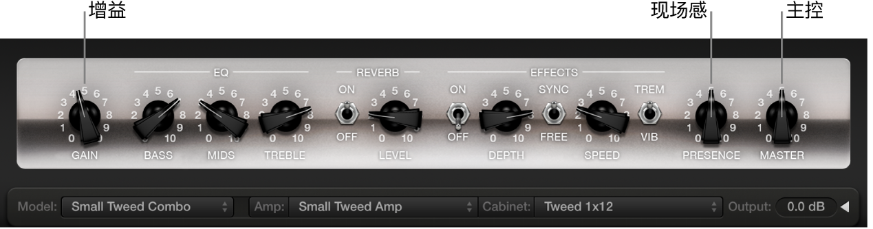 图。显示“增益”、“真实度”和“主”旋钮的 Amp Designer 小界面窗口。