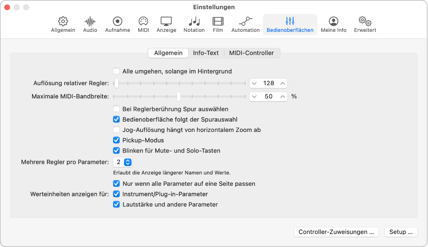 Abbildung. Einstellungsbereich „Bedienoberflächen“ > „Allgemein“