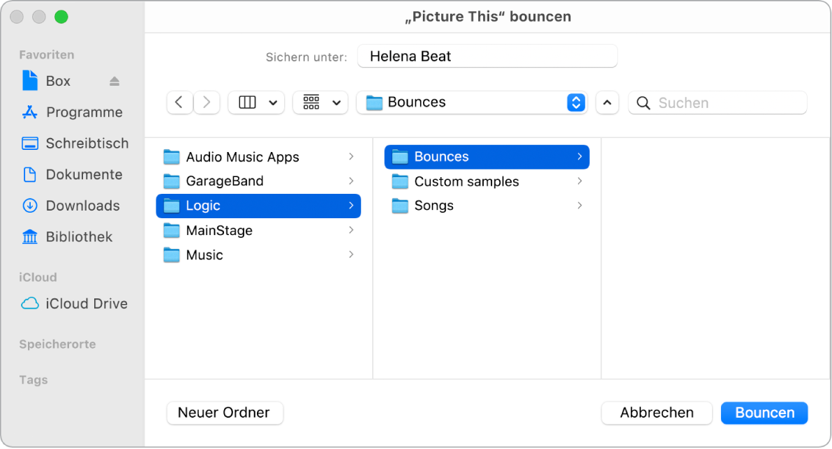 Abbildung. Dateiname und Ordnereinstellungen im Bounce-Fenster
