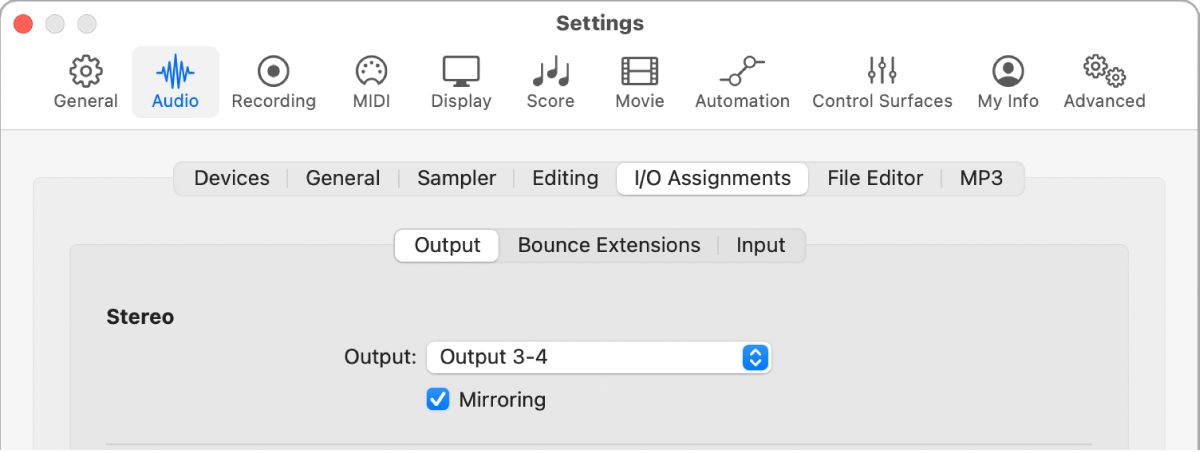 Figure. Output pane in the I/O Assignments pane in the Audio settings.