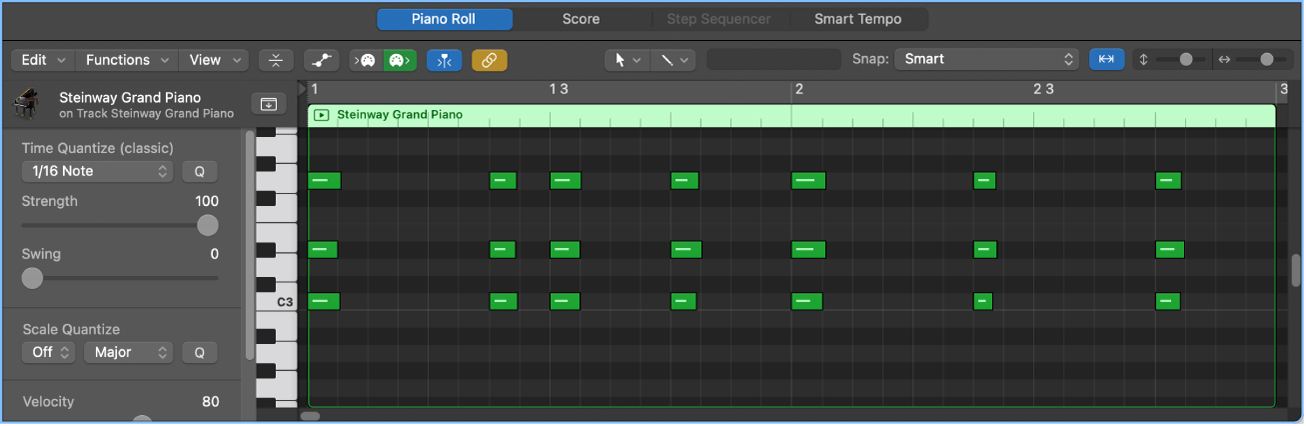 Figure. The Piano Roll Editor showing a MIDI region with note events.