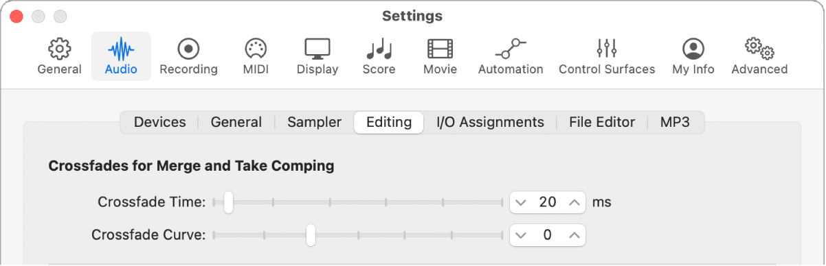 Figure. Audio Editing settings showing crossfade parameters.