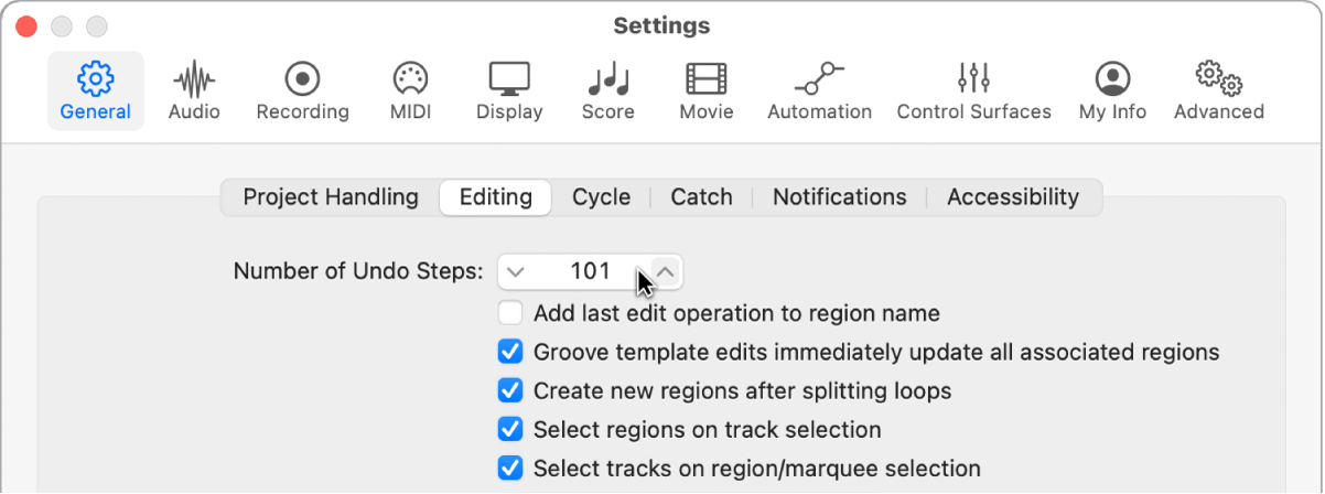 Figure. “Number of Undo Steps” field in the Editing pane in the General settings.