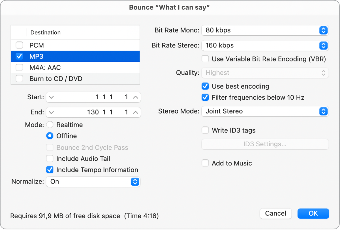 Figure. MP3 options in the Bounce window.