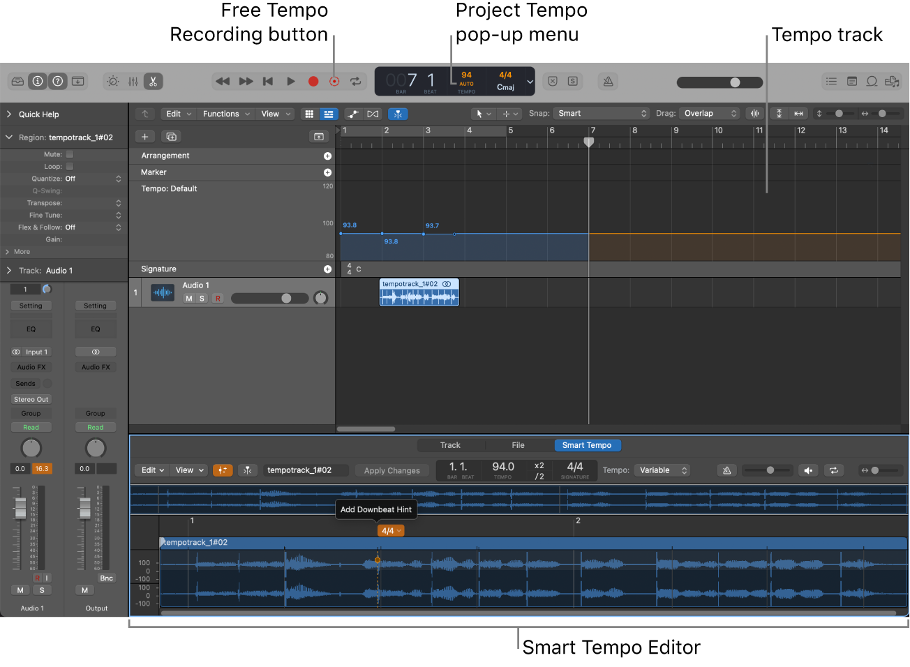 Figure. Project showing recording, Adapt mode chosen, tempo changes in the Tempo track, and the Smart Tempo Editor open.