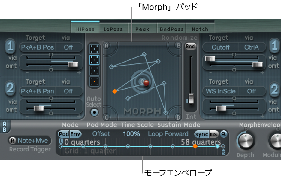 図。選択したポイントが表示されている「Morph」パッドとモーフエンベロープ。