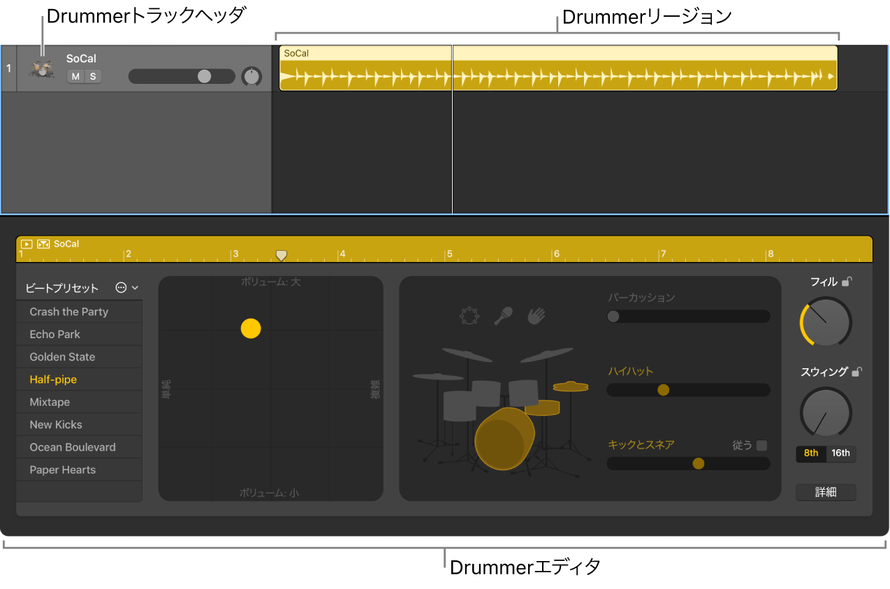 図。DrummerリージョンのあるDrummerトラックと、Drummerエディタ。
