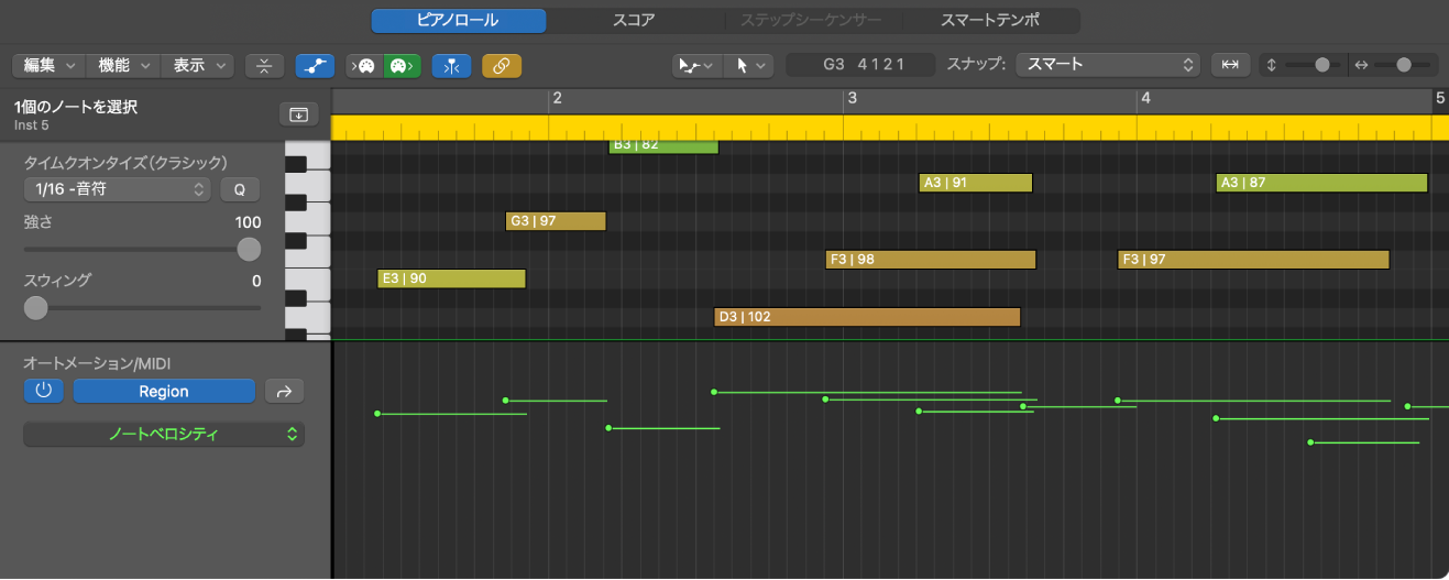 図。リージョンオートメーションがMIDIパラメータで表示された「オートメーション/MIDI」領域。