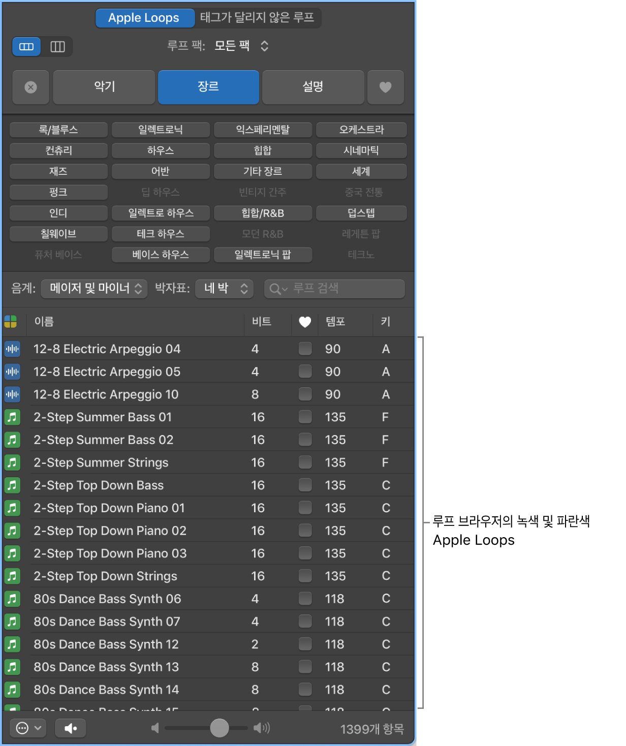 소프트웨어 악기(초록색) 및 오디오(파란색) Apple Loops를 보여주는 루프 브라우저.