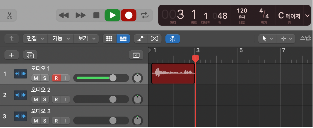 그림. 트랙 영역에서 녹음된 오디오 리전이 빨간색으로 보임.