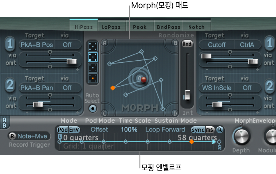 그림. Morph 패드 및 Morph 엔벨로프. 둘 다 선택한 지점을 보여줍니다.