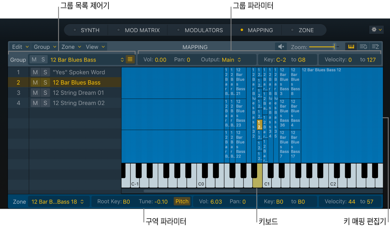 그림. 모든 구역이 표시되는 Sampler 키 매핑 편집기.