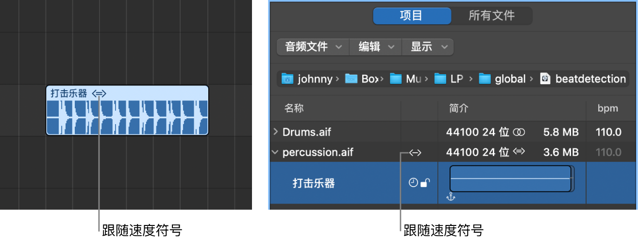 图。音频片段上和项目音频浏览器中的“跟随速度”符号。